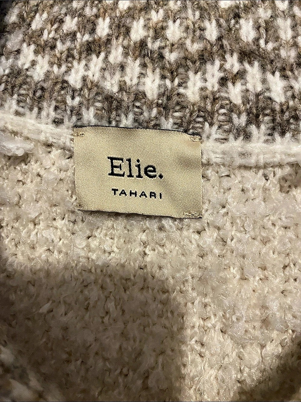 Elie Tahari Bouclé Quarter-Zip Sweater in Cream & Brown Medium Like New - Picture 3 of 9